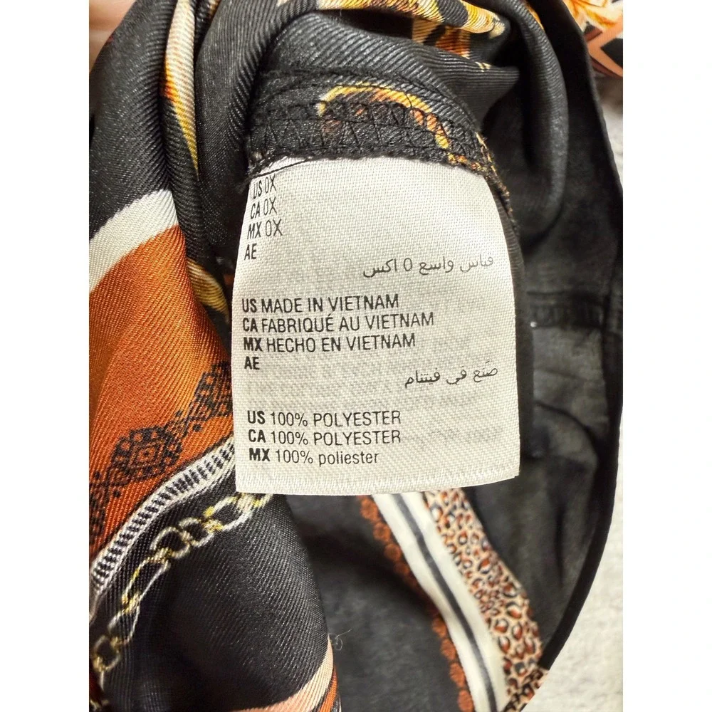 INC International Concepts Womens 0X Black Gold Scarf Print Tie Front Blouse Top